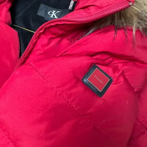 Calvin Klein Women's Red Faux Fur Trim Hooded Puffer Parka - Picture 4 of 5